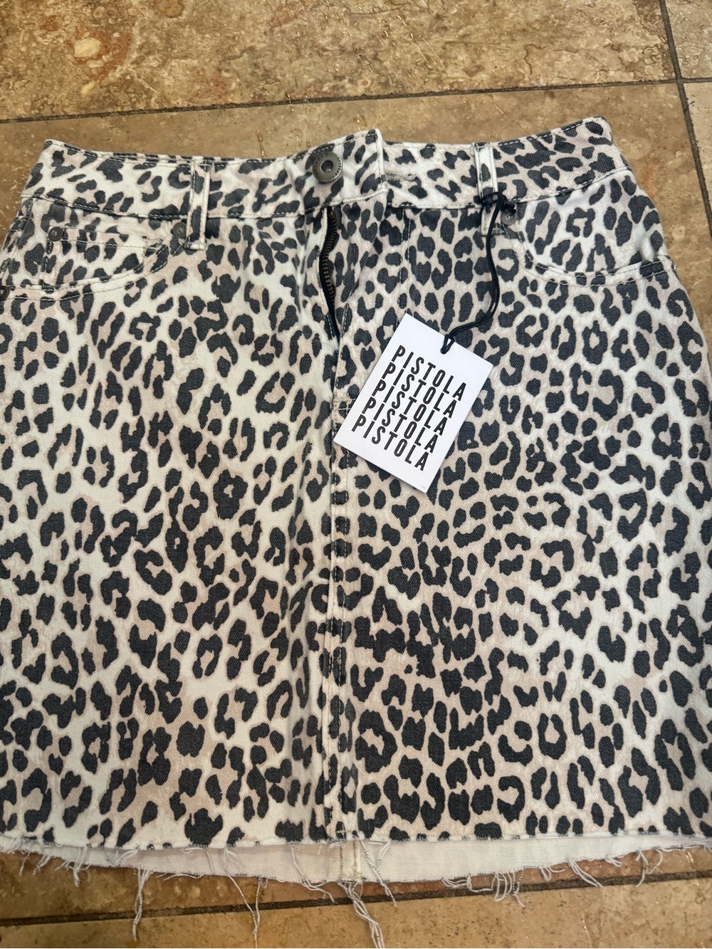 pistola Black on Cream Leopard Print Denim Skirt